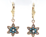 10k Yellow Gold Victorian Turquoise and Seed Pearl Flower Dangle Earring... - $450.45
