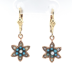 10k Yellow Gold Victorian Turquoise and Seed Pearl Flower Dangle Earrings #J6344 - £360.06 GBP