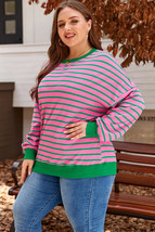 Pink Stripe Waffle Knit Crew Neck Plus Size Sweatshirt - $18.08