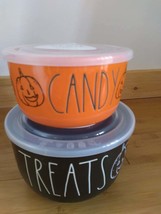 Rae Dunn Halloween Candy &amp; Treats Black &amp; Orange Round Ceramic Storage Set of 2 - £40.05 GBP