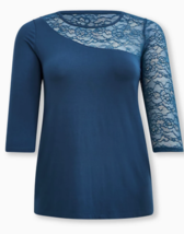 Torrid 3X(22-24) Super Soft blue 3/4 sleeve top, lace neckline &amp; sleeve, NWT - £27.40 GBP