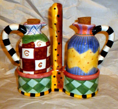 Bella Casa By Ganz Abstract Oil Vinegar Cruet Set w/ Holder 6 1/2&quot; Tall - £33.23 GBP