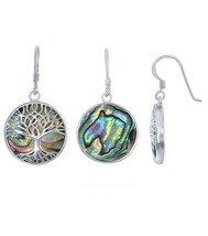 Silver Roots Round Abalone Tree of Life Sterling Silver Dangling Earrings - £60.73 GBP