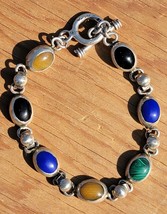 MEXICO Sterling Silver 7.75&quot; Toggle Clasp Bracelet Multi Color Stones  2... - £38.68 GBP