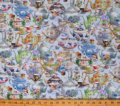 Cotton Tea Party Teapots Teacups Blue Cotton Fabric Print by the Yard D567.06 - £9.55 GBP