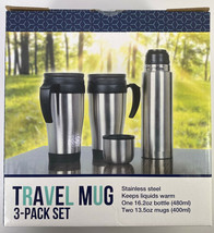 3 Pack Set Travel Mug, Stainless Steel, 1-16.2 oz bottle, 2-13.5oz mugs,... - $11.00