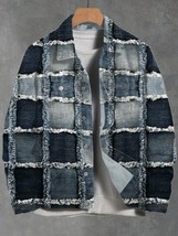 Men&#39;s Retro Frayed Distressed Color Block Print Denim-Like Long Sleeve Shirt - $45.00