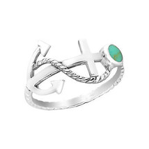 Sideways Nautical Rope Anchor Green Turquoise Sterling Silver Ring-6 - £15.81 GBP