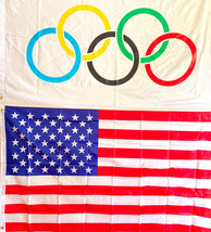 OLYMPICS &amp; USA 3&#39;x5&#39; FLAGS COMBO WITH BRASS GROMMETS- IN/OUTDOOR POLY- B... - £10.12 GBP