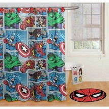 Marvel Comic Heros Shower Curtain Hook Set Bathroom Kids Spiderman Hulk Iron Man - £32.28 GBP