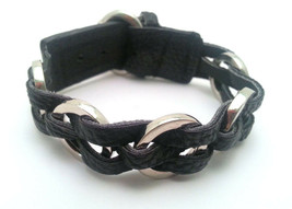 Black Leather Bracelet with Braided Design and Steel Hoops - Buckle Clasp - £7.81 GBP
