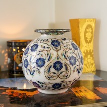 12&quot; White Marble Flower Inlay Vase Lapis Lazuli Flowers Pot - £3,705.71 GBP