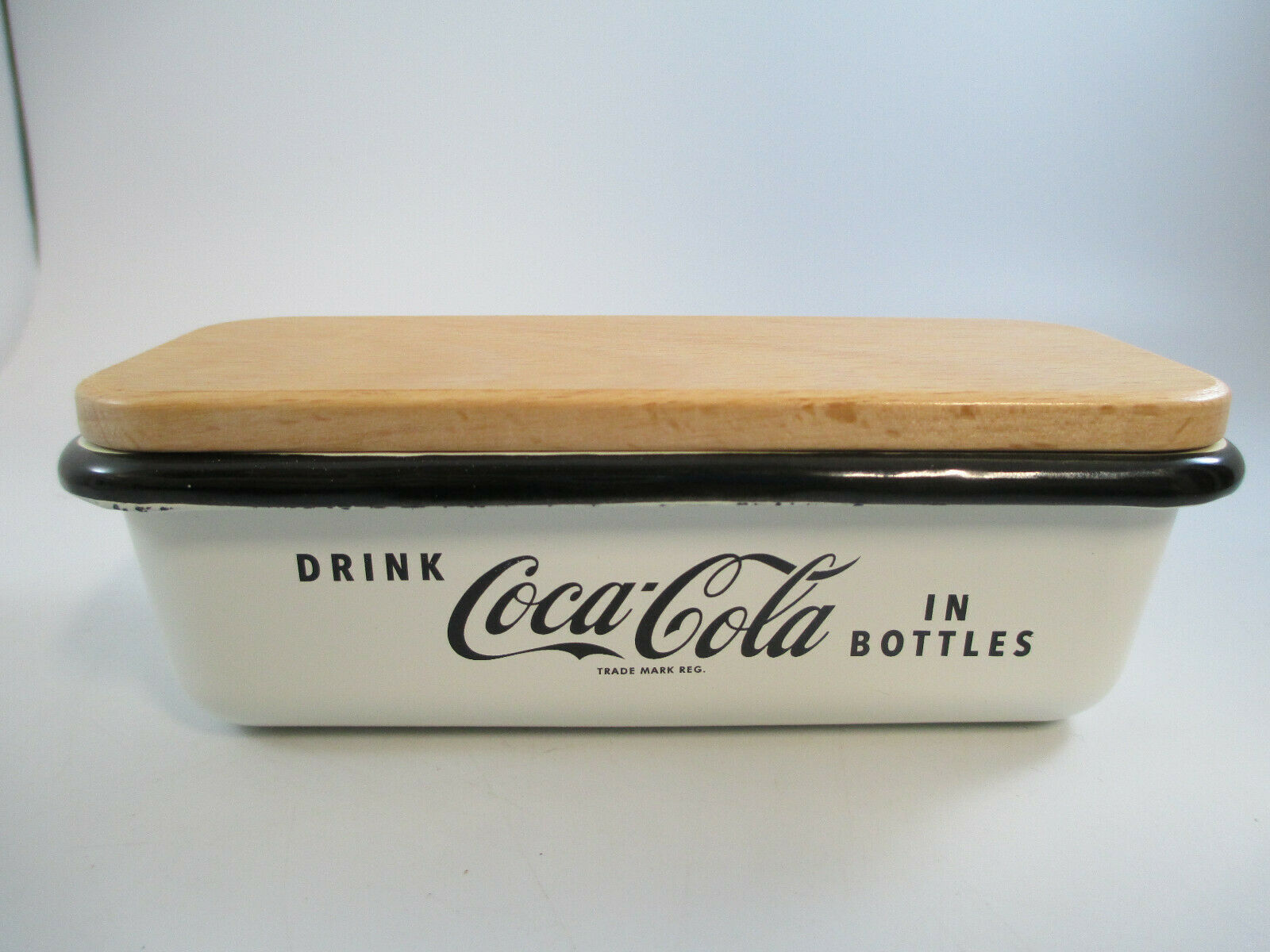 Coca-Cola Butter Dish Enamelware Cream with Black Logo and Wood Base - $25.49