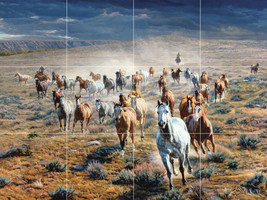 running wild horses free western cowboys ceramic tile mural backsplash - £46.58 GBP+