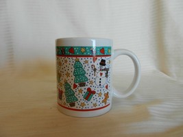 White Ceramic 3.875&quot; Tall Coffee Cup With Christmas Designs, Santa, Snowman - £19.93 GBP