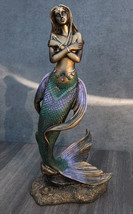 Large Marine Green And Purple Tailed Mermaid Siren Maiden On Sea Rock Figurine - £32.16 GBP