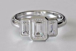 2.80Ct Emerald Cut Three Simulated Diamond Engagement Ring 14k White Gold Size 9 - £200.43 GBP