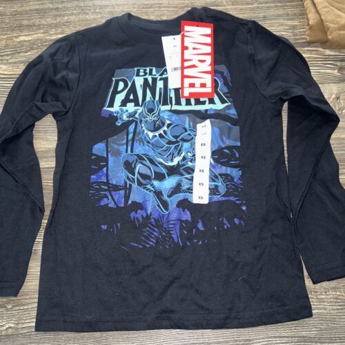 NWT MARVEL Black Panther Long Sleeve Boys Graphic Black T-Shirt - Size XS - £9.58 GBP