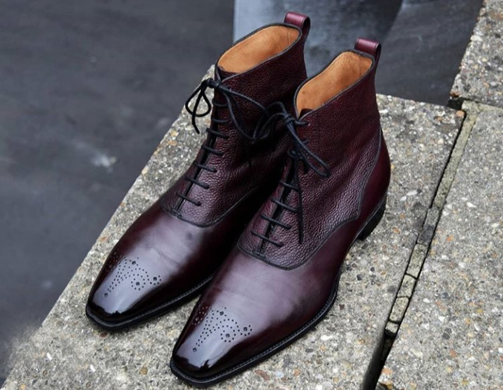 ew Men's Handmade Burgundy Color Lace Up Brogue Ankle High Leather Boots