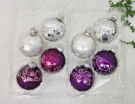 Krebs Silver And Purple Christmas Ornaments With Silver Glitter Swirl 8 Pc NEW - $28.99