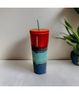 Starbucks 2021 blue red teal wave ombre plastic 24 oz tumbler summer Straw - $13.62 CAD