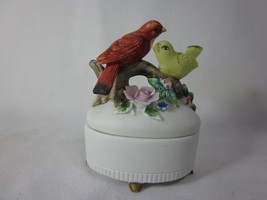 LEFTON TRINKET BOX 3.5&quot; Red Yellow Birds on Branch Hand Painted Porcelai... - £8.09 GBP