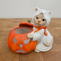 Vintage Ceramic Jack-O- Lantern w/ Cat Ghost - Votive Candle Holder! - $10.69