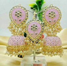 Indian Bollywood Gold Plated Kundan Enameled Earrings Jhumka Tikka Jewelry Set - £30.04 GBP