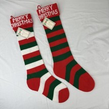 2 Pair Vtg Russ Berrie Sweater Knit “Merry Christmas” Stockings 24” Striped NEW - £33.43 GBP