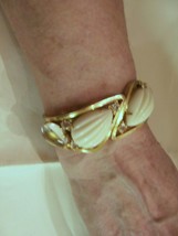 Gold Plated Hinged Bangle W/ Carved Faux Ivory Cabochon Faux Rock Crystal - £22.03 GBP