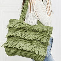The Last Straw Fringe Straw Tote Bag. In olive - $44.55