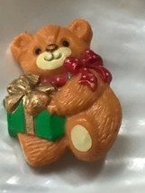 Vintage Enesco Lucy Rigg Marked Plastic Teddy Bear with Green Christmas Package  - £7.09 GBP