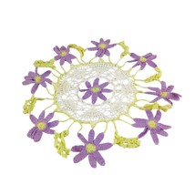 Vtg Handmade Crochet Orchid Doily 15&quot; Wide Bright Colors Purple Green - £12.67 GBP