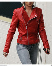 Women&#39;s Red Moto Lambskin Real Leather Jacket Motorcycle Slim fit Biker ... - $69.29