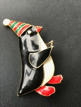 Estate SFJ Signed Black &amp; White Enamel Penguin Bird w Red &amp; Green Holiday Hat Go - £11.90 GBP