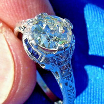 Earth mined Diamond Sapphire Art Deco Engagement Ring Vintage Platinum Solitaire - $7,595.25