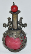 Antique Chinese Dragon Rooster Snuff Bottle Red Glass w Pewter Casing Signed - £200.41 GBP