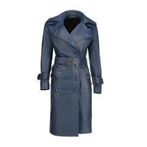 Stylish Designer Royal Blue Belt  Lambskin Leather Women Trench Coat Winter - £133.37 GBP+