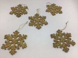 Christmas Ornaments Snowflake Xmas Tree 4&quot; Set 5 Gold Glitter Sparkle Plastic - £9.16 GBP