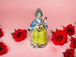 Occupied Japan Vintage Porcelain Hand Painted Mini Figurine Lady Plays Mandolin - £8.96 GBP