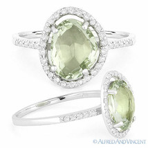 1.69ct Green Amethyst &amp; Diamond Halo Right-Hand Cocktail Ring in 14k White Gold - £388.48 GBP