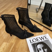Korean-Style Sexy Pointed Mesh PoDot Breathable Hollow Bow Stiletto Ankle Boots  - £60.39 GBP