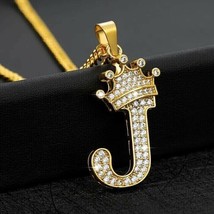 1.25Ct Real Moissanite Crown Initial Letter &quot;J&quot; Pendant 14K Yellow Gold Plated - £104.62 GBP