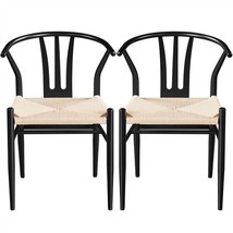 Set Of 2 Weave Arm Chairs Mid-Century Modern Dining Chair Accent Chair Black - £206.42 GBP