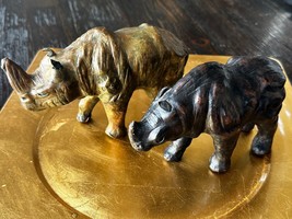 2 Vintage Leather Wrapped African Safari Animals Rhinoceros Figurine Scu... - $45.00