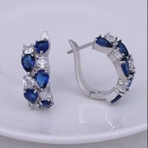 14k White Gold Plated 2.10Ct Pear Simulated Blue Sapphire Hoop Earrings Women - £96.53 GBP