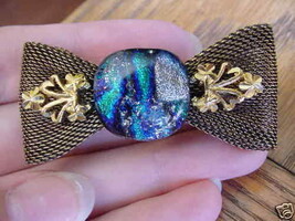 (bb-88) Dichroic green blue silver swirl bow ribbon PIN brooch - £11.02 GBP