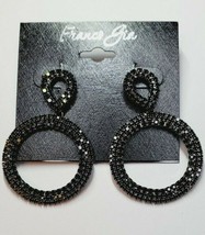 Franco Gia Silver Plated Earrings Jet Black Rhinestones Teardrop W Circles #54 - £21.11 GBP