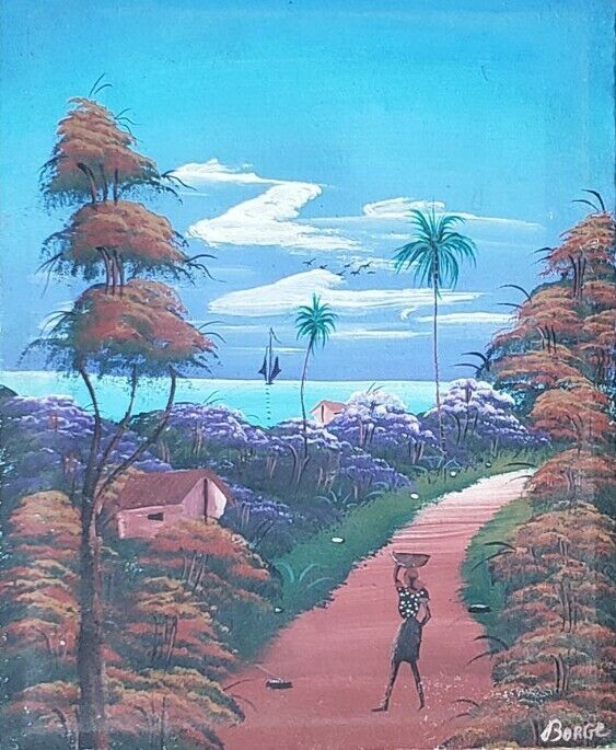 Vintage Original &amp; Signed BORGE Naif Folk Haitian Village landscape Art ... - $222.74