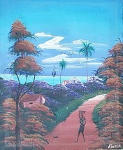 Vintage Original &amp; Signed BORGE Naif Folk Haitian Village landscape Art Painting - £151.85 GBP